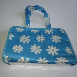 Cosmetics Travel Bag, Blue with White Flower Print, Plastic, Pre-owned